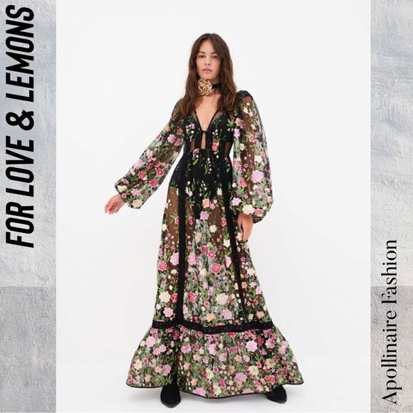 FOR LOVE AND LEMONS LUNA MAXI DRESS IN BLACK COMBO NWT XS FLORAL SHEER EMBROIDER - Picture 4 of 10